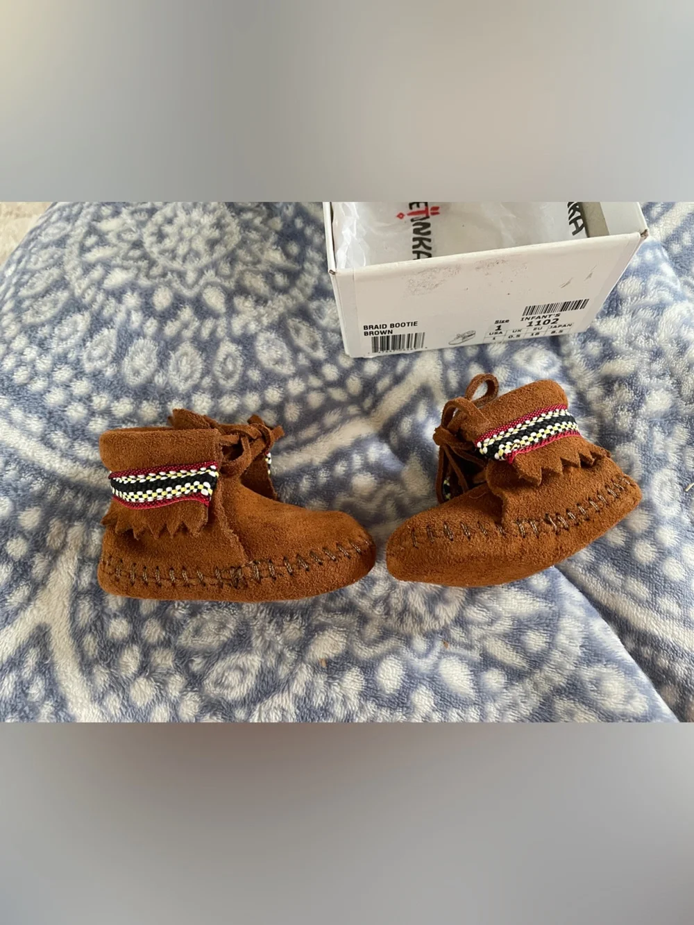 Infant Brown Suede Braid Bootie - Cozy Baby Moccasins Minnetonka